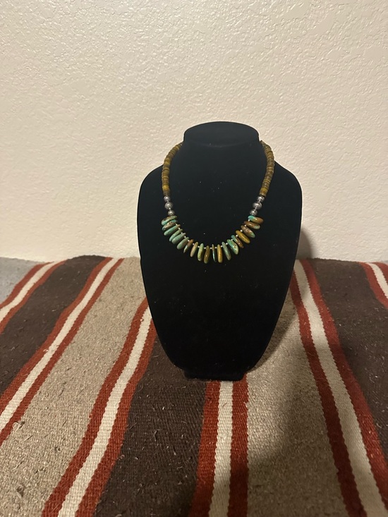 Hand Crafted Jewelry - Hand Crafted Blue-Green Turquoise, Brown Shell & Sterling Silver Necklace
